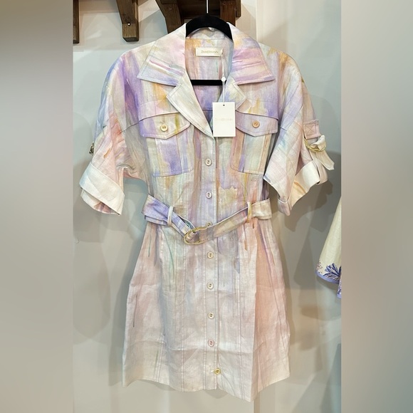 NWT ZIMMERMANN Rhythmic Multicolor Belted Linen Mini Dress Button AU 1 (US S/6) - Picture 10 of 16